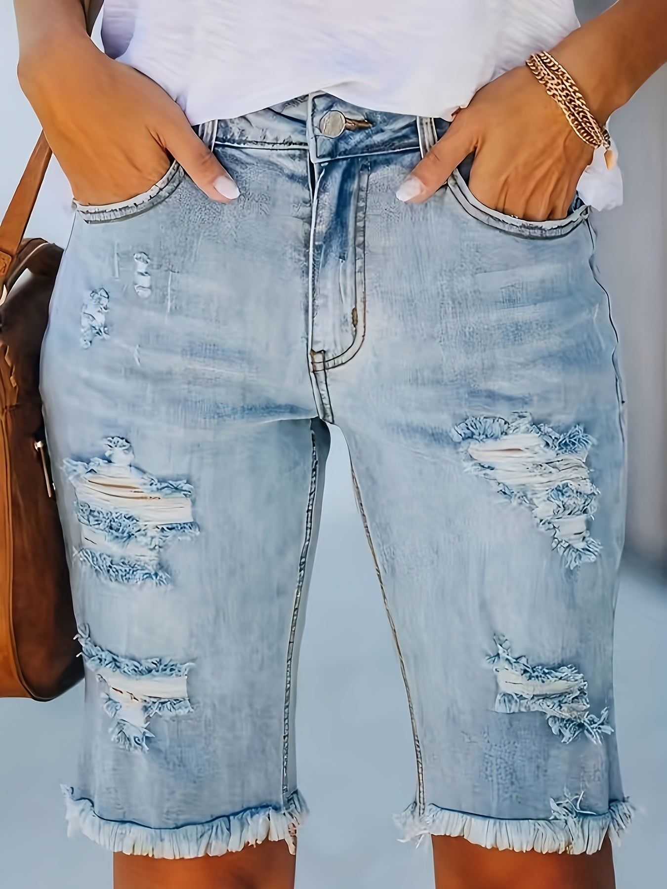 2026 New High-Stretch Ripped Bermuda Shorts - Light Wash Frayed Hem Denim Shorts for Women, Sculpting Semi-Sheer Summer Jean Shorts