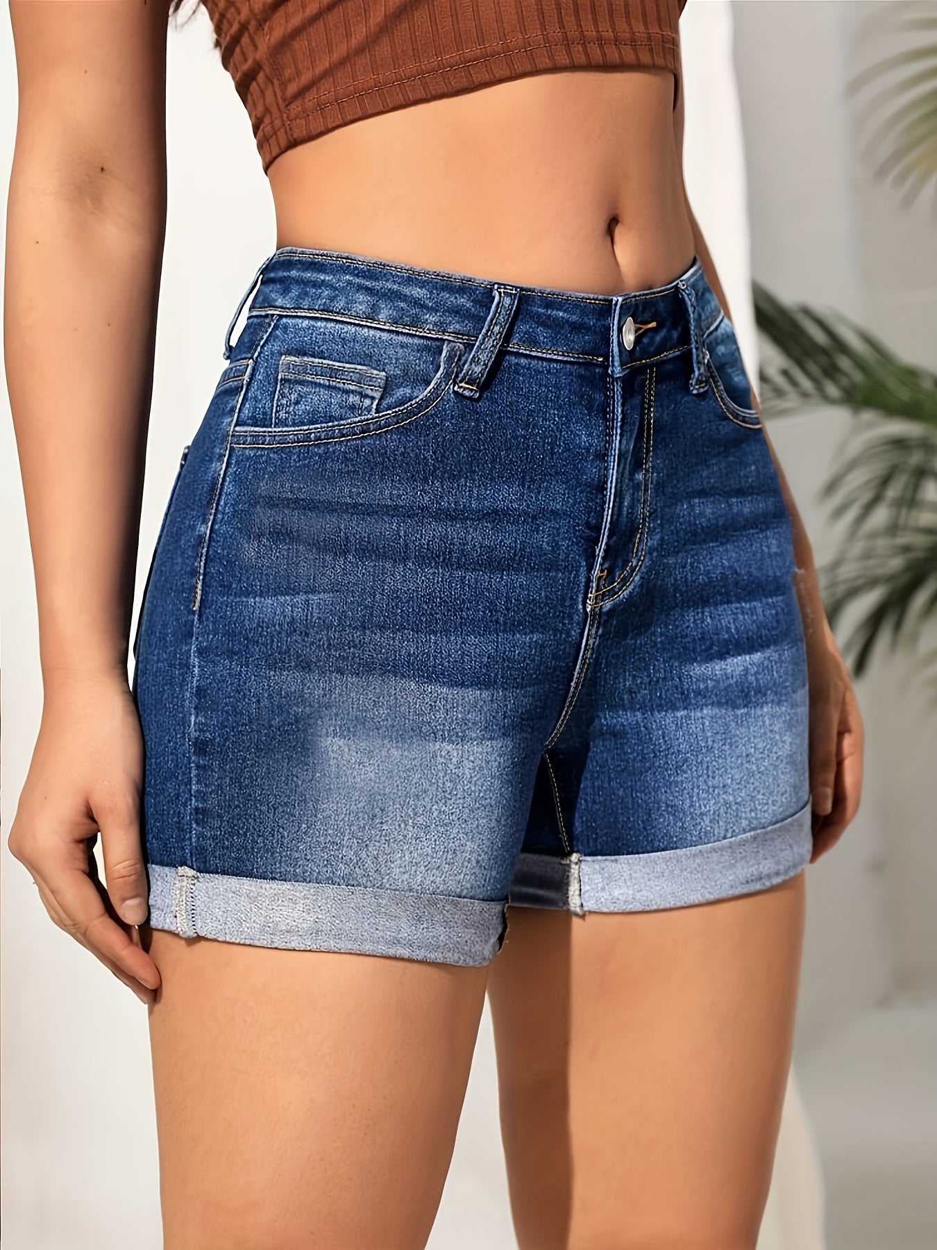 2026 New High-Waisted Gradient Denim Shorts - Light to Dark Blue Ombre Slim Fit Shorts with Whisker Detail