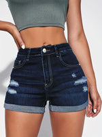 2026 New High-Stretch Distressed Denim Shorts - Roll-Up Cuffed Hem & Slash Pocket Whiskering Summer Jeans