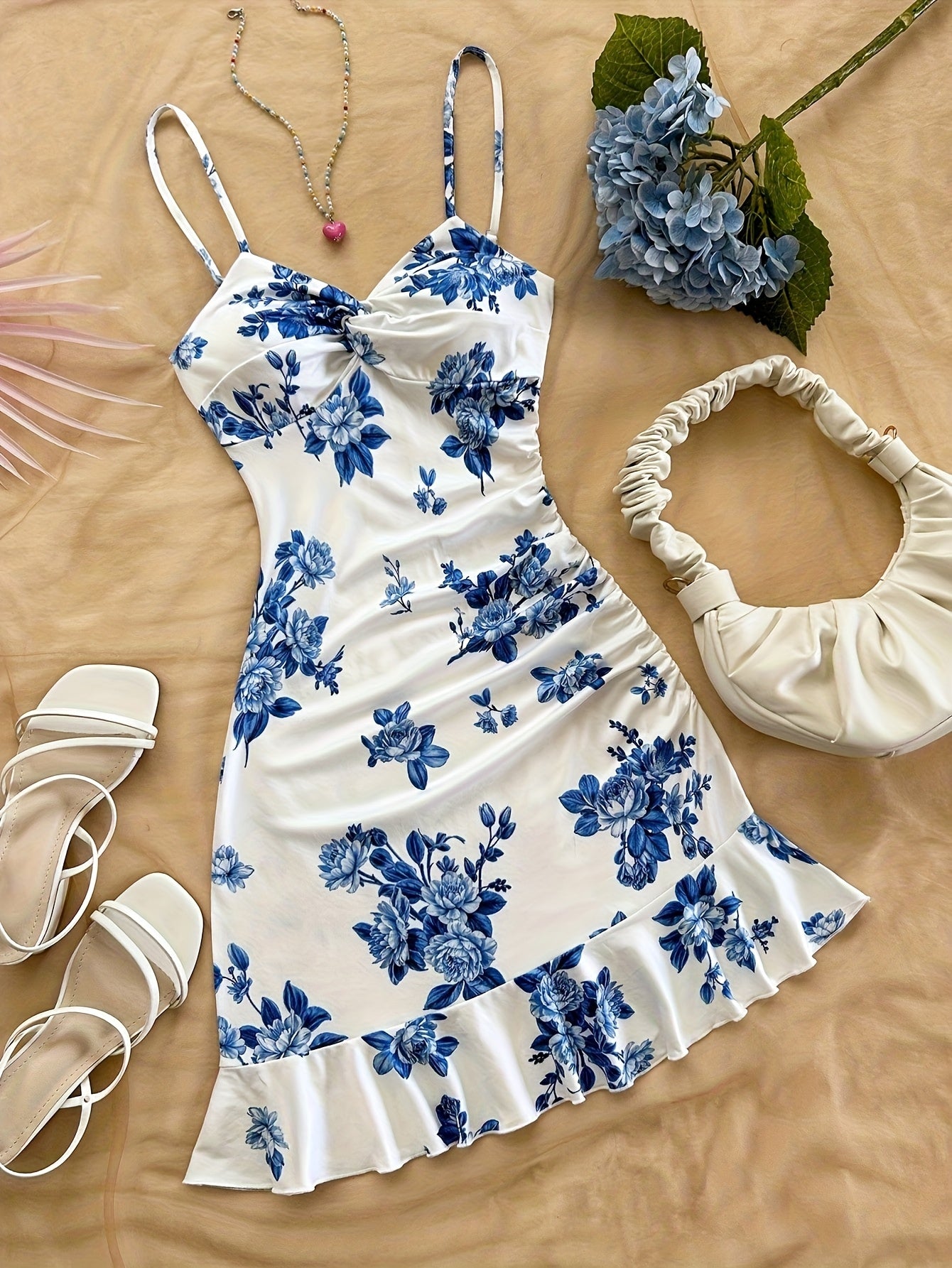 2026 New White Floral Print Sleeveless Dress - Spaghetti Strap Summer Dress with Ruffled Hem & Lightweight Breathable Fabric