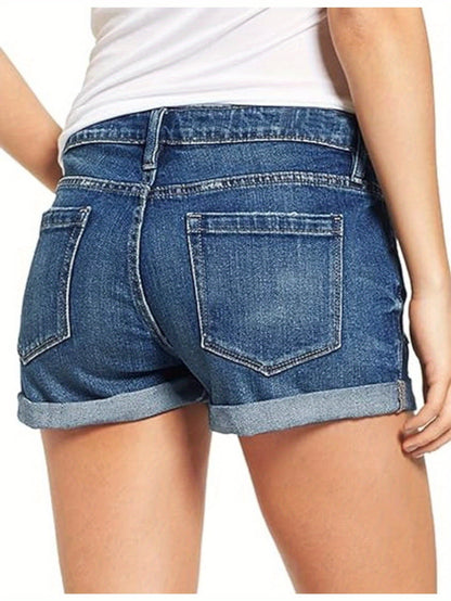 2026 New High-Waist Distressed Denim Shorts - Rolled Hem Jean Shorts with Vintage Whiskering