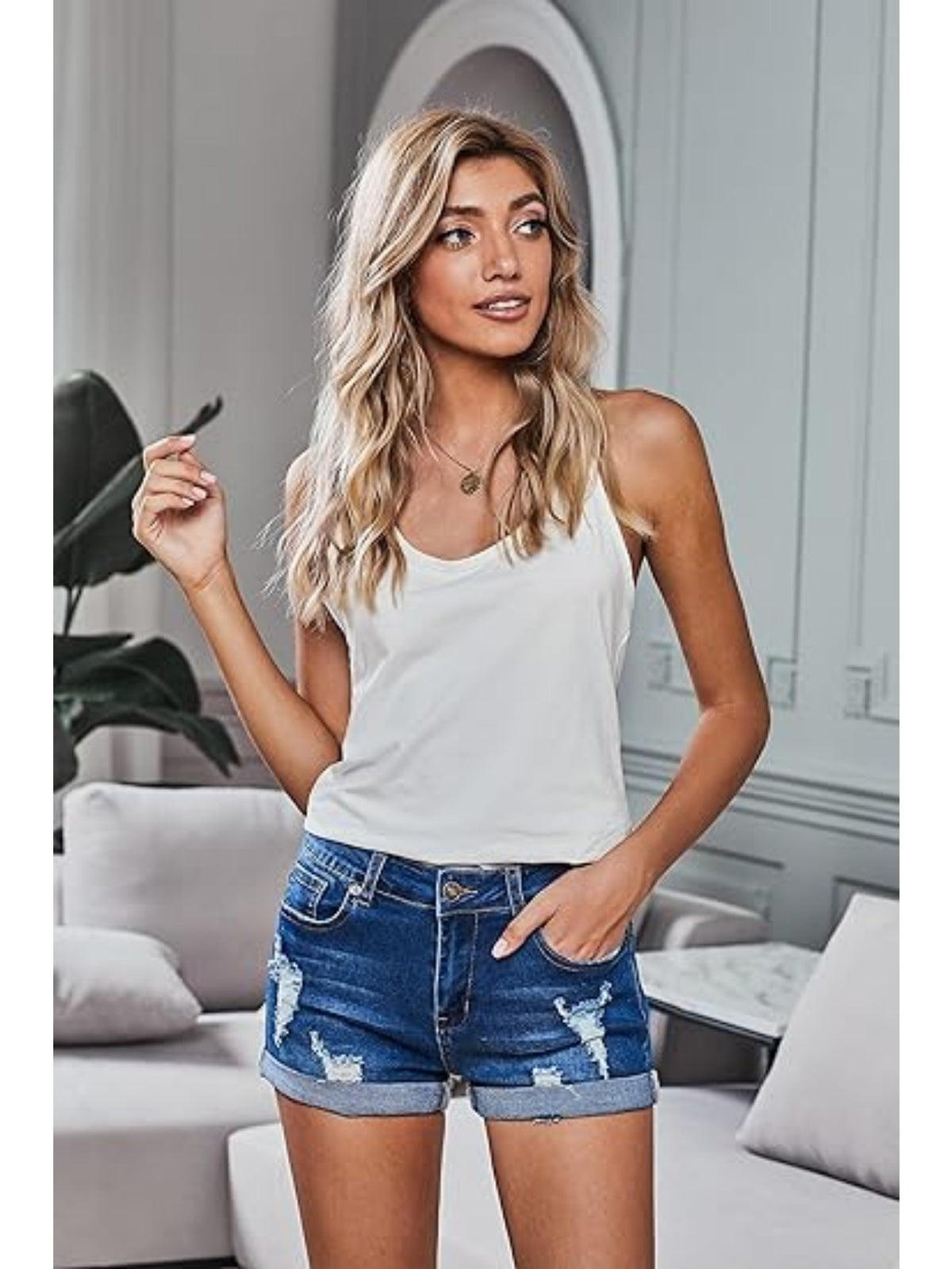 2026 New High-Waist Distressed Denim Shorts - Rolled Hem Jean Shorts with Vintage Whiskering