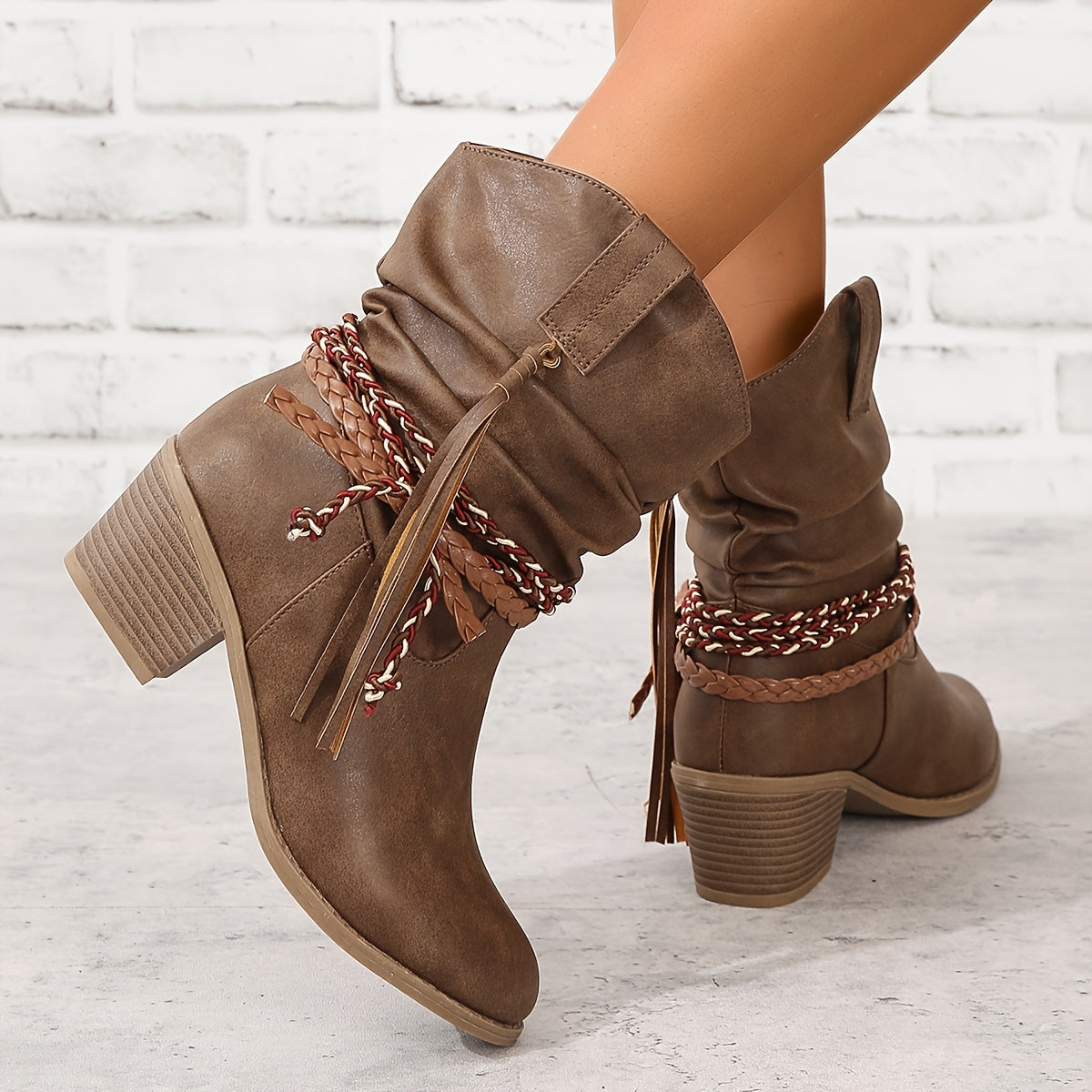 2026 New Wrinkled Braided Strap Western Boots - Chunky Mid-Heel Slip-On Knight Boots with Tassels