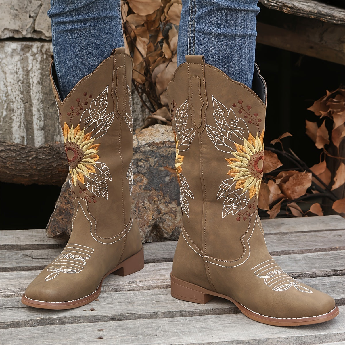 2026 New Women's Mid-Calf Embroidered Western Boots - Fashion-Forward Faux Leather Cowgirl Boots