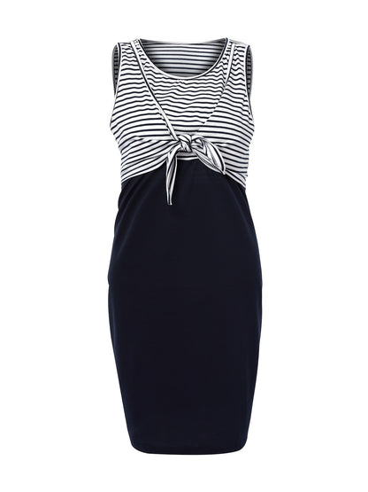 2026 New Nursing & Maternity A-Line Dress - Sleeveless Striped Color-Block Pregnancy Dress, Round Neck Knee-Length Breastfeeding Fashion for Spring/Summer