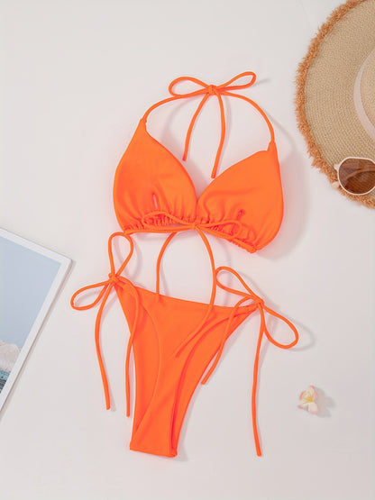 2026 New European & American Sexy Rope-Style Bikini - Solid Color High-Stretch Swimwear for Fashionable Women