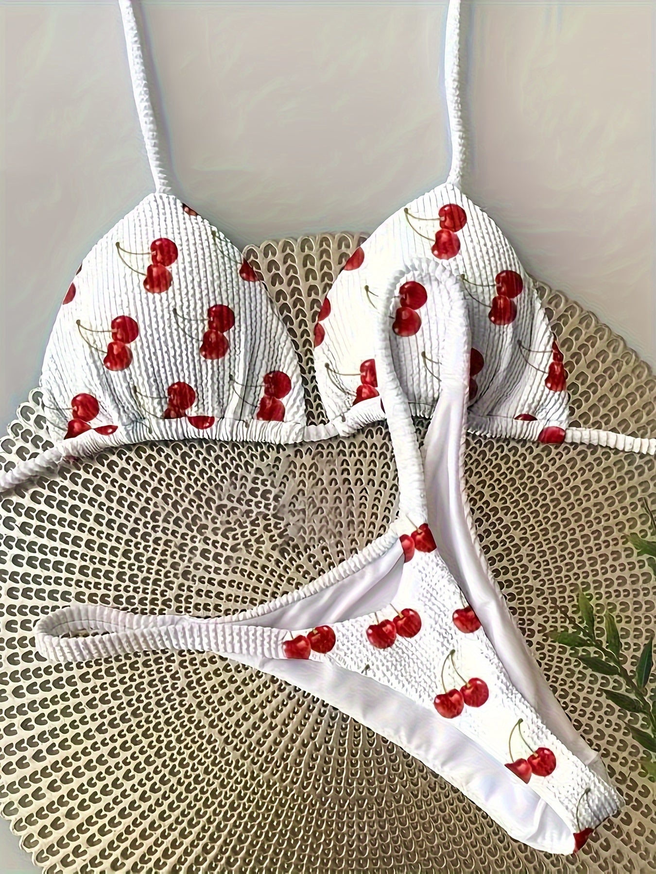 2026 New Cherry Print Halter Bikini Set - High-Stretch Two-Piece Swimsuit, Premium 300gsm Knit Beachwear for Summer Vacations
