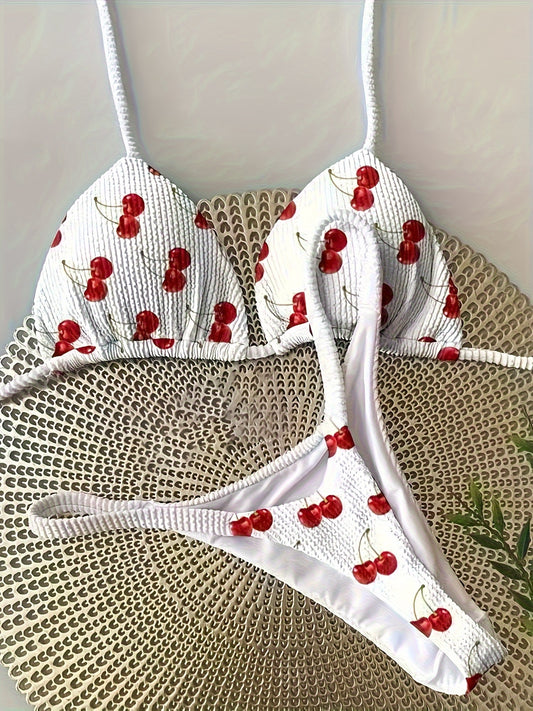 2026 New Cherry Print Halter Bikini Set - High-Stretch Two-Piece Swimsuit, Premium 300gsm Knit Beachwear for Summer Vacations