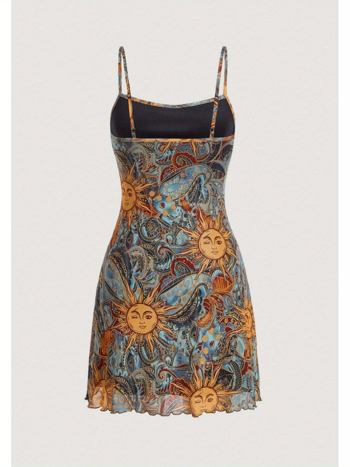 Vintage Sundress for Women, Sun Face Print with Thin Straps, Perfect for Spring and Summer Outfits