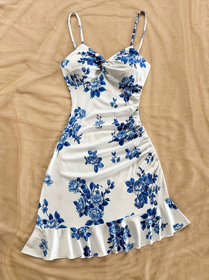 2026 New White Floral Print Sleeveless Dress - Spaghetti Strap Summer Dress with Ruffled Hem & Lightweight Breathable Fabric