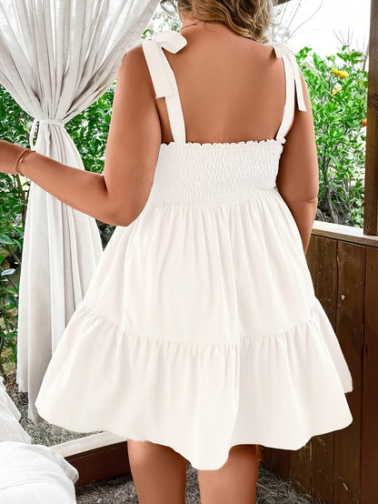 2026 New Plus Size White Square Neck A-Line Vacation Dress - Elegant Sleeveless Beach Dress with Ruffled Hem & Bow Detail