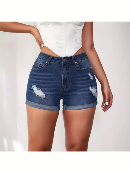 2026 Summer Western Distressed Denim Shorts - High-Stretch Cuffed Jean Shorts with Trendy Distressing, Comfortable Western Style Summer Apparel