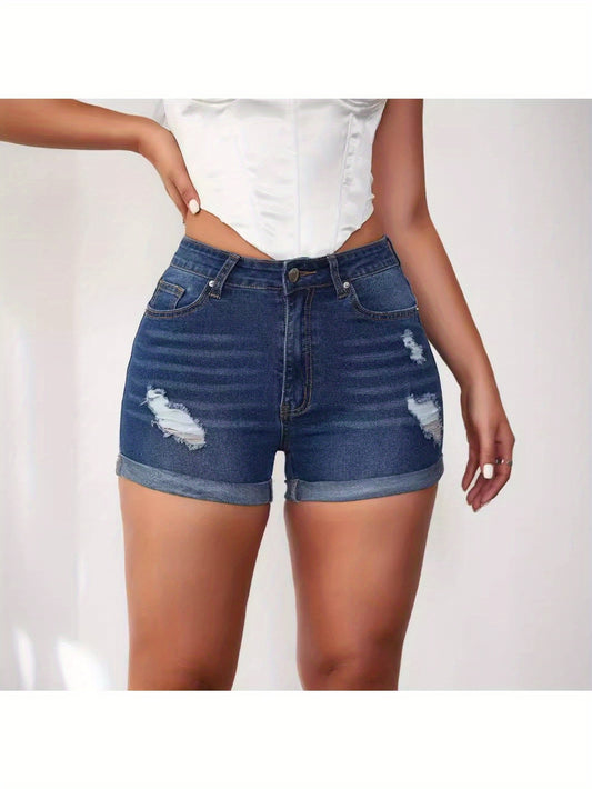 2026 Summer Western Distressed Denim Shorts - High-Stretch Cuffed Jean Shorts with Trendy Distressing, Comfortable Western Style Summer Apparel