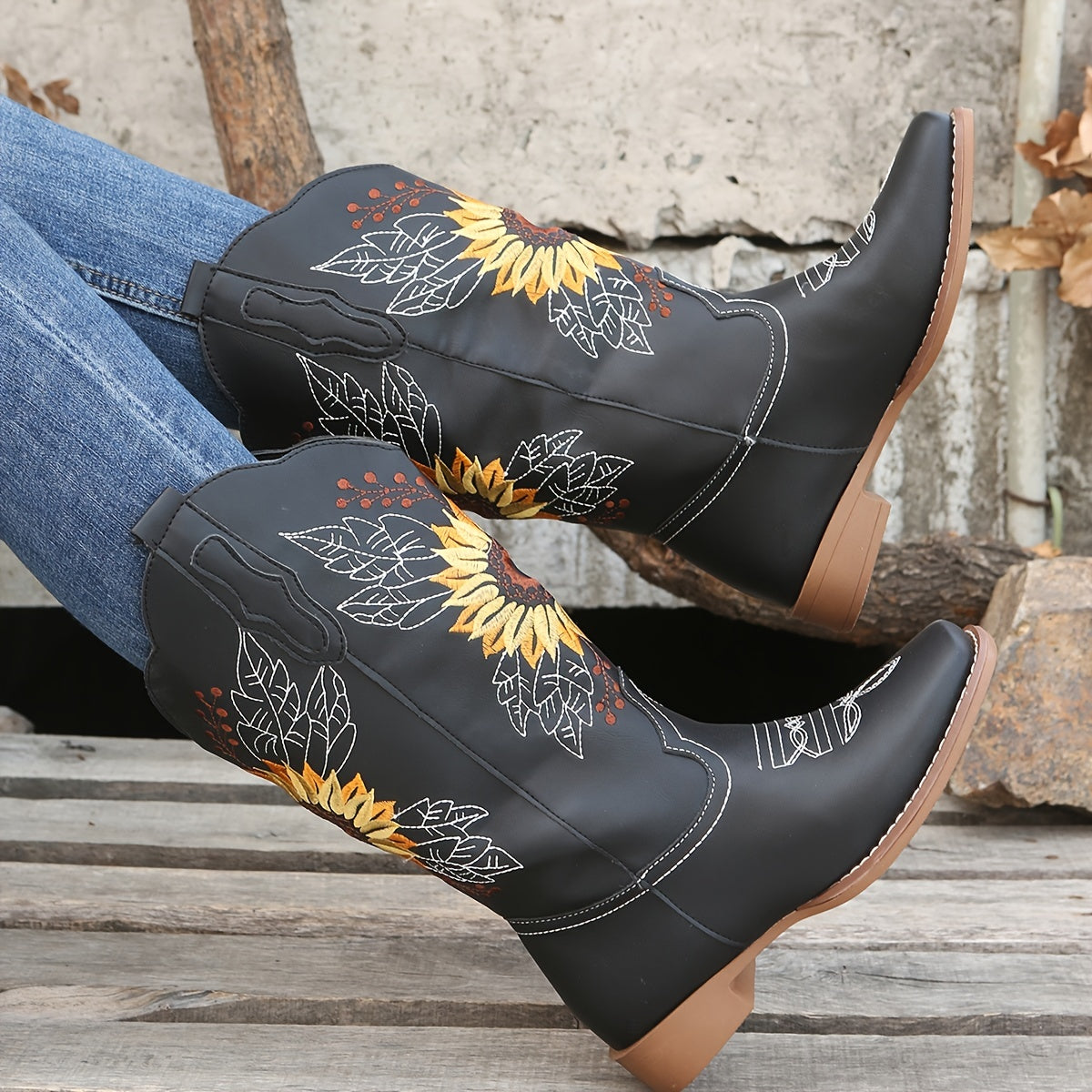 2026 New Women's Mid-Calf Embroidered Western Boots - Fashion-Forward Faux Leather Cowgirl Boots