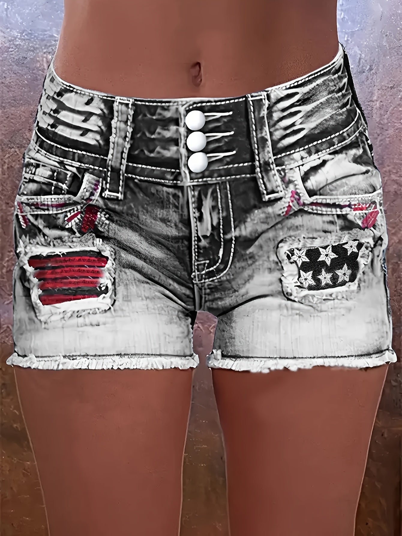 2026 New Women's Embroidered Distressed Denim Shorts - High-Elasticity Star Pattern Shorts with Patchwork Details &amp; Raw Hem