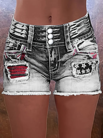 2026 New Women's Embroidered Distressed Denim Shorts - High-Elasticity Star Pattern Shorts with Patchwork Details &amp; Raw Hem