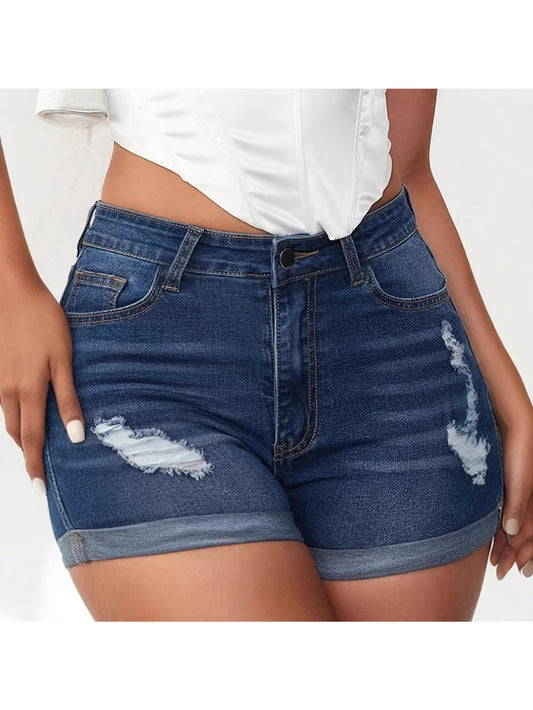 2026 New Women's High-Waisted Ripped Denim Shorts - Stretchy Slim-Fit Hot Pants with Built-in Zipper & Solid Color Tear Details