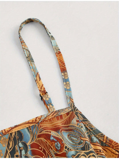 Vintage Sundress for Women, Sun Face Print with Thin Straps, Perfect for Spring and Summer Outfits