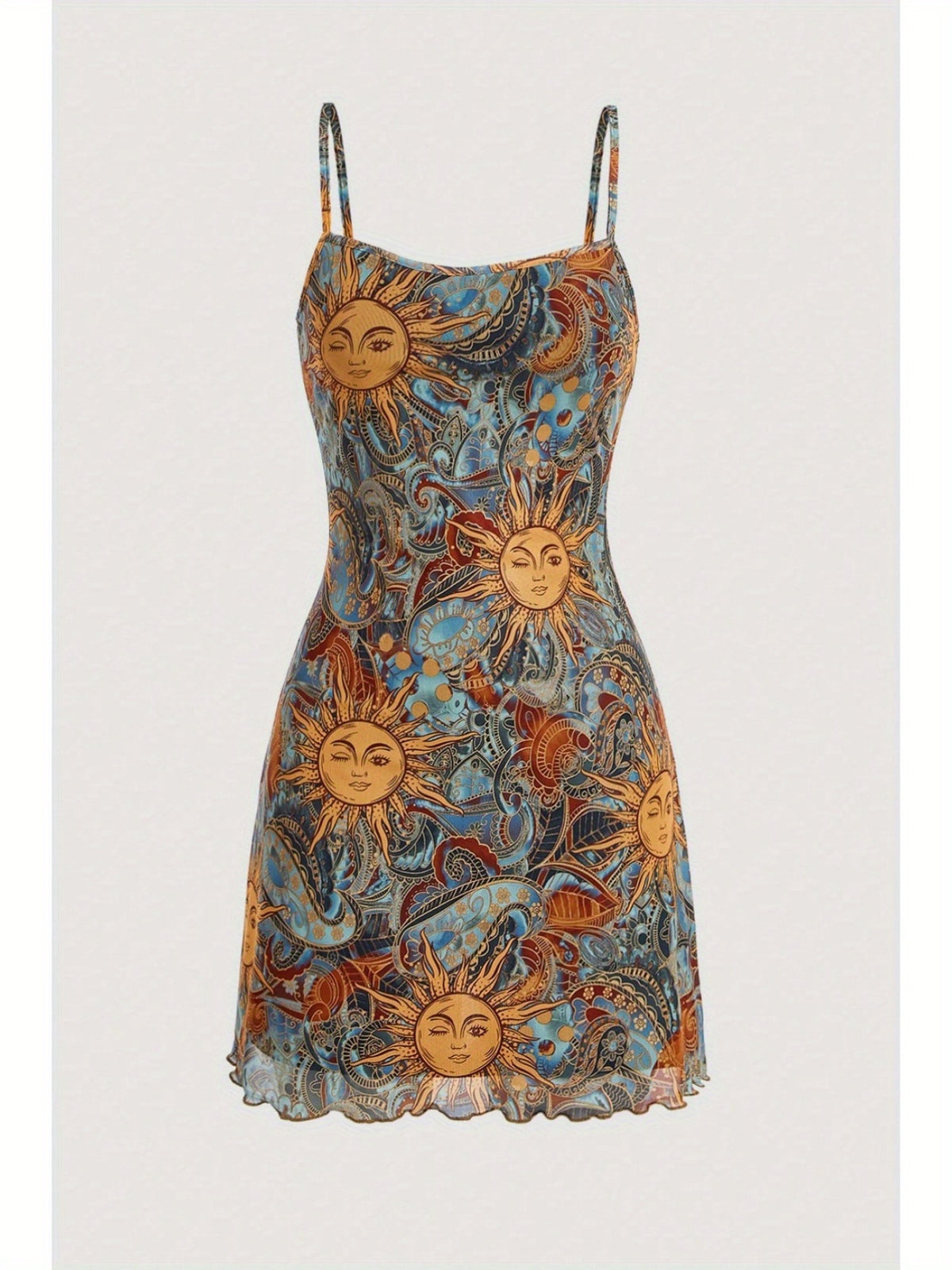 Vintage Sundress for Women, Sun Face Print with Thin Straps, Perfect for Spring and Summer Outfits