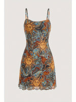 Vintage Sundress for Women, Sun Face Print with Thin Straps, Perfect for Spring and Summer Outfits