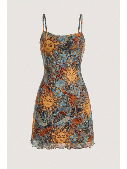 Vintage Sundress for Women, Sun Face Print with Thin Straps, Perfect for Spring and Summer Outfits