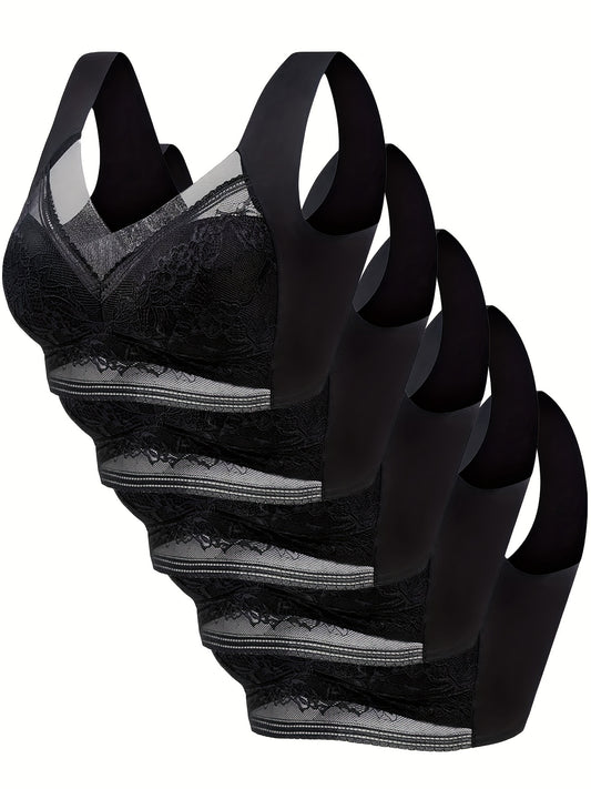 2026 New 5pcs Floral Lace Decor Sports Bras – Comfy Breathable Full Coverage Wirefree Yoga Bras for Women