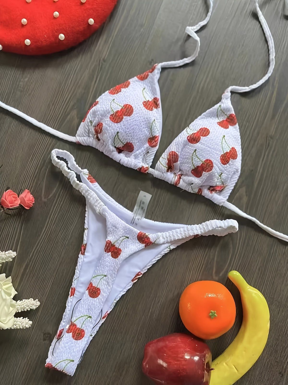 2026 New Cherry Print Halter Bikini Set - High-Stretch Two-Piece Swimsuit, Premium 300gsm Knit Beachwear for Summer Vacations