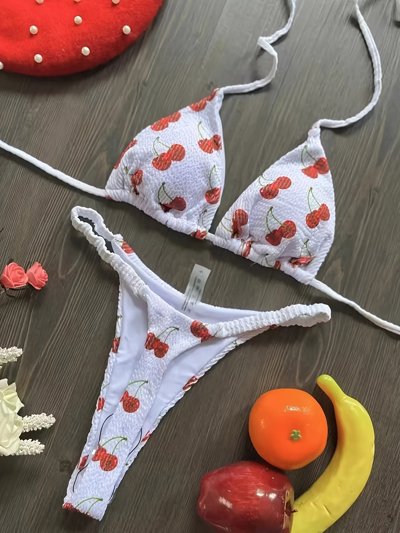 2026 New Cherry Print Halter Bikini Set - High-Stretch Two-Piece Swimsuit, Premium 300gsm Knit Beachwear for Summer Vacations