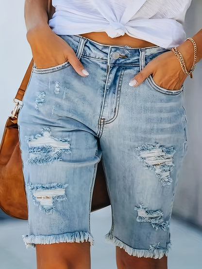 2026 New High-Stretch Ripped Bermuda Shorts - Light Wash Frayed Hem Denim Shorts for Women, Sculpting Semi-Sheer Summer Jean Shorts