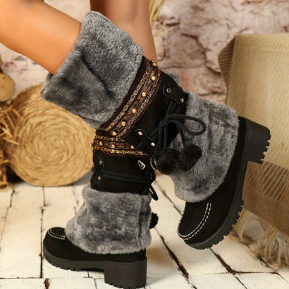 2026 New Women's Mid-Calf Ethnic Cowboy Boots - High-Heel Autumn/Winter Boots with Faux Fur Lining