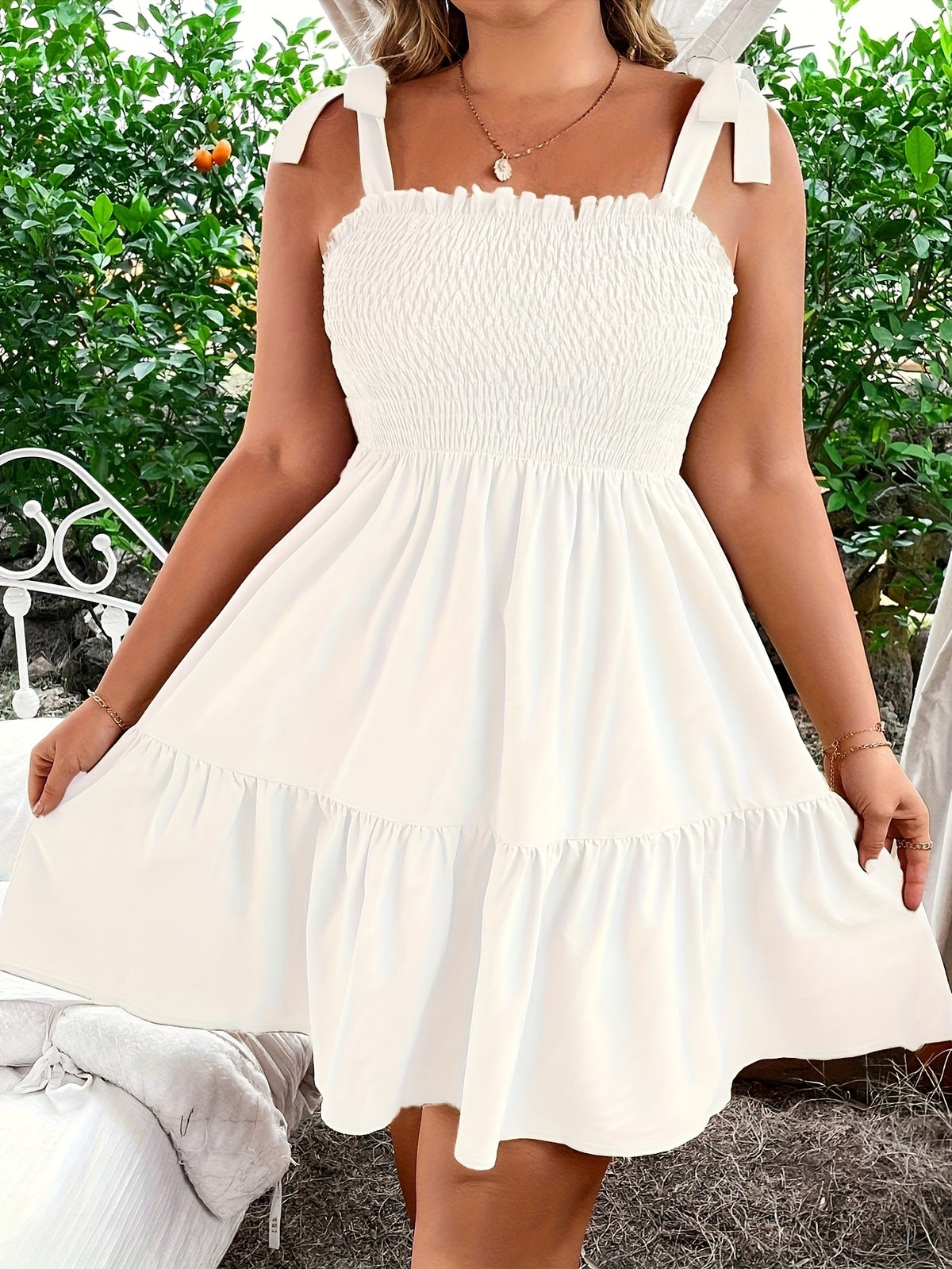 2026 New Plus Size White Square Neck A-Line Vacation Dress - Elegant Sleeveless Beach Dress with Ruffled Hem & Bow Detail