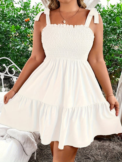 2026 New Plus Size White Square Neck A-Line Vacation Dress - Elegant Sleeveless Beach Dress with Ruffled Hem & Bow Detail