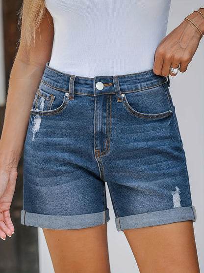 2026 New Streetwear High-Waisted Stretch Denim Shorts - Relaxed Fit Elastic Waistband Shorts with Frayed & Rolled Hem Details