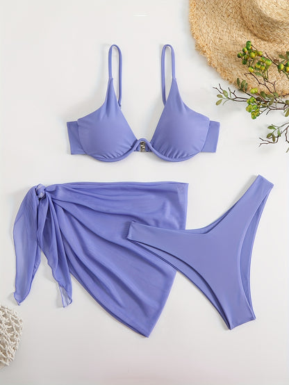 2026 New Push Up Bikini Set with Mesh Skirt - High Cut 3-Piece Swimsuit for Beach Vacation & Pool Party, High Elasticity Sculpting Fabric