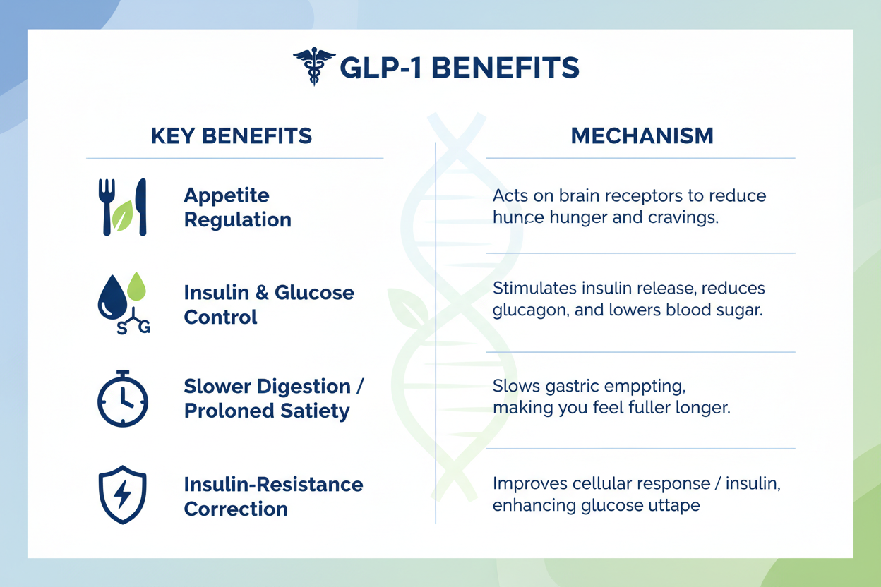 A comparison chart that shows. 

GLP-1 Benefits. 

Appetite regulation

Insulin & glucose control

Slower digestion / prolonged satiety

Insulin-resistance correction