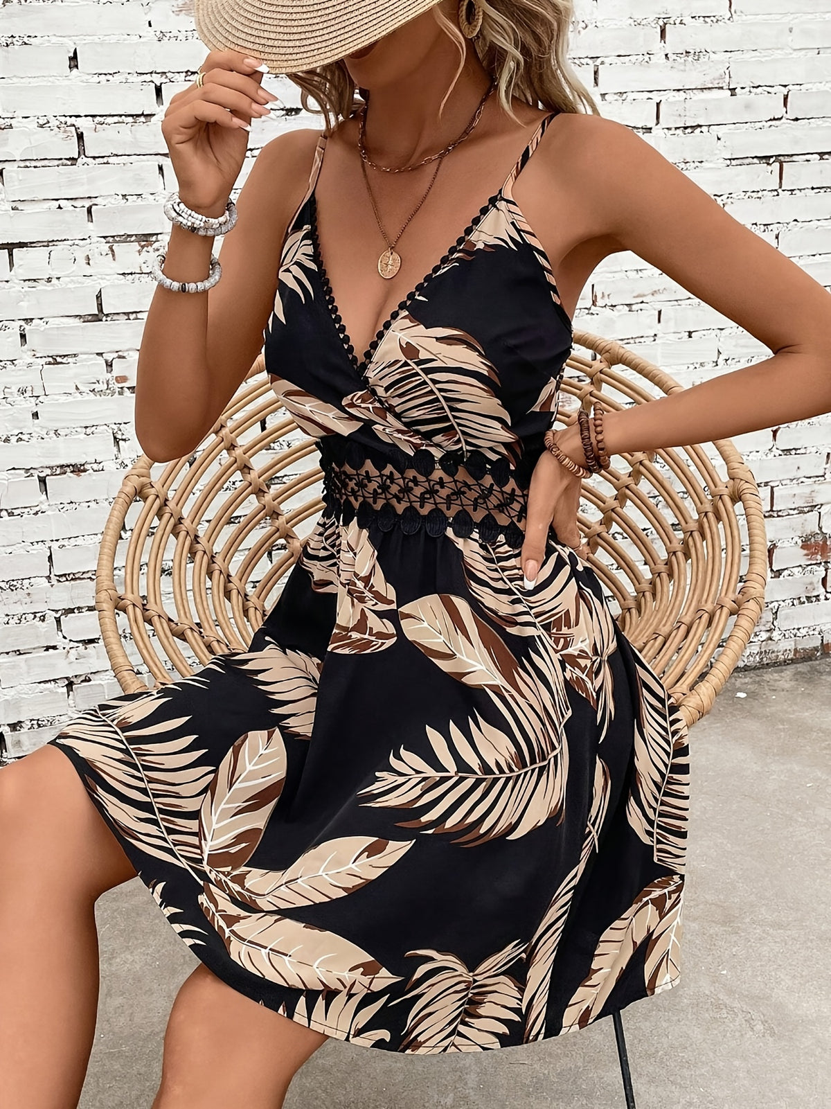 2026 New Women's Tropical Print Maxi Dress - Sleeveless Deep V-Neck Beach Cover-Up with Guipure Lace Inserts & Flared Hem