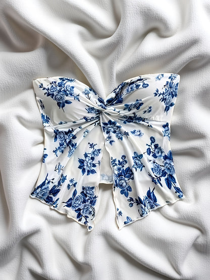 2026 New Directional Fashion Floral Strapless Top - Elegant Ruched Bandeau Summer Top, Chic Botanical Print Boob Tube for Festivals & Night Out