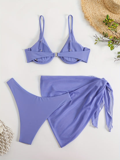 2026 New Push Up Bikini Set with Mesh Skirt - High Cut 3-Piece Swimsuit for Beach Vacation & Pool Party, High Elasticity Sculpting Fabric