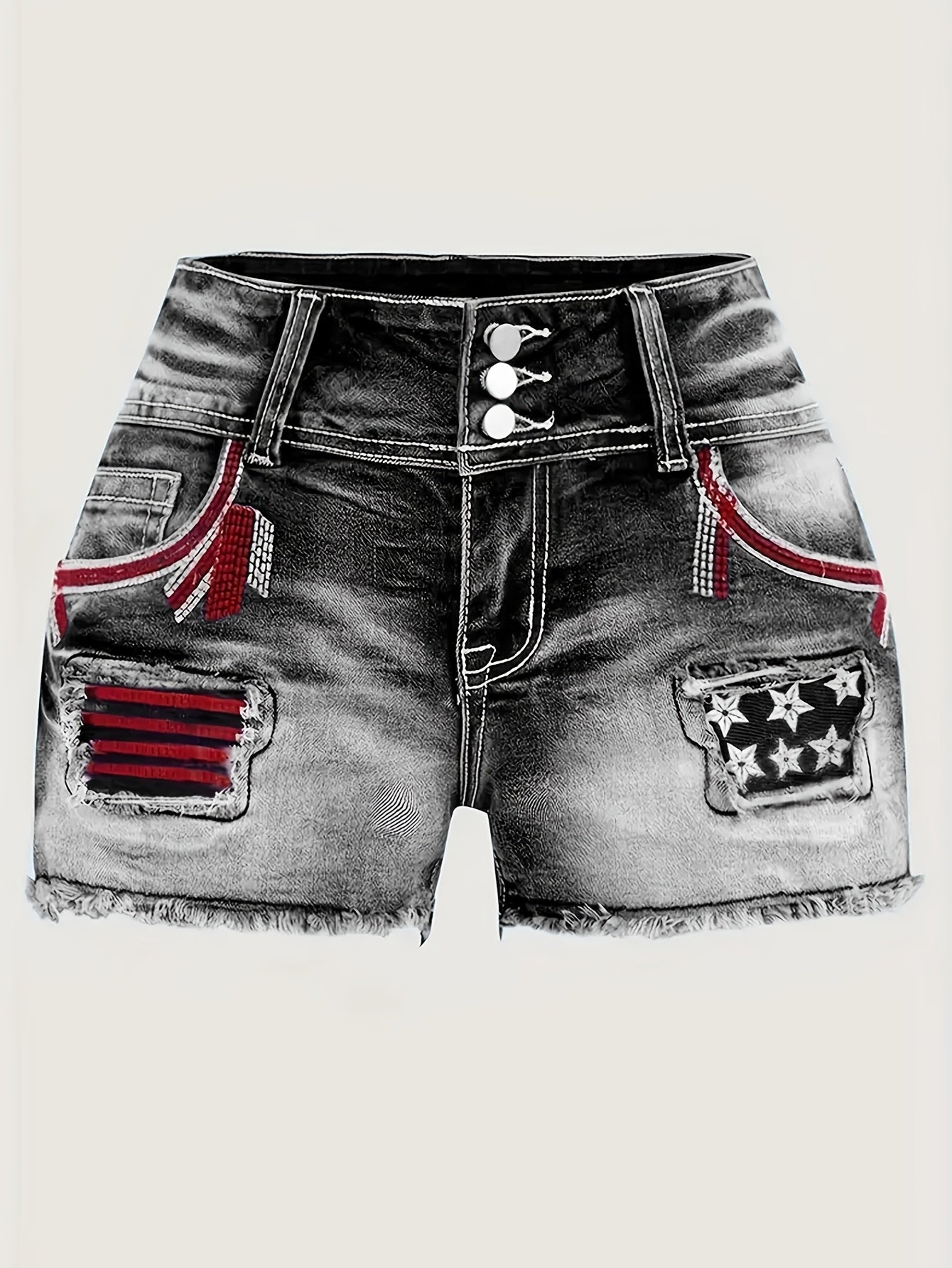 2026 New Women's Embroidered Distressed Denim Shorts - High-Elasticity Star Pattern Shorts with Patchwork Details &amp; Raw Hem