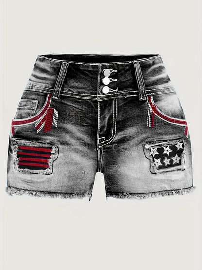 2026 New Women's Embroidered Distressed Denim Shorts - High-Elasticity Star Pattern Shorts with Patchwork Details &amp; Raw Hem