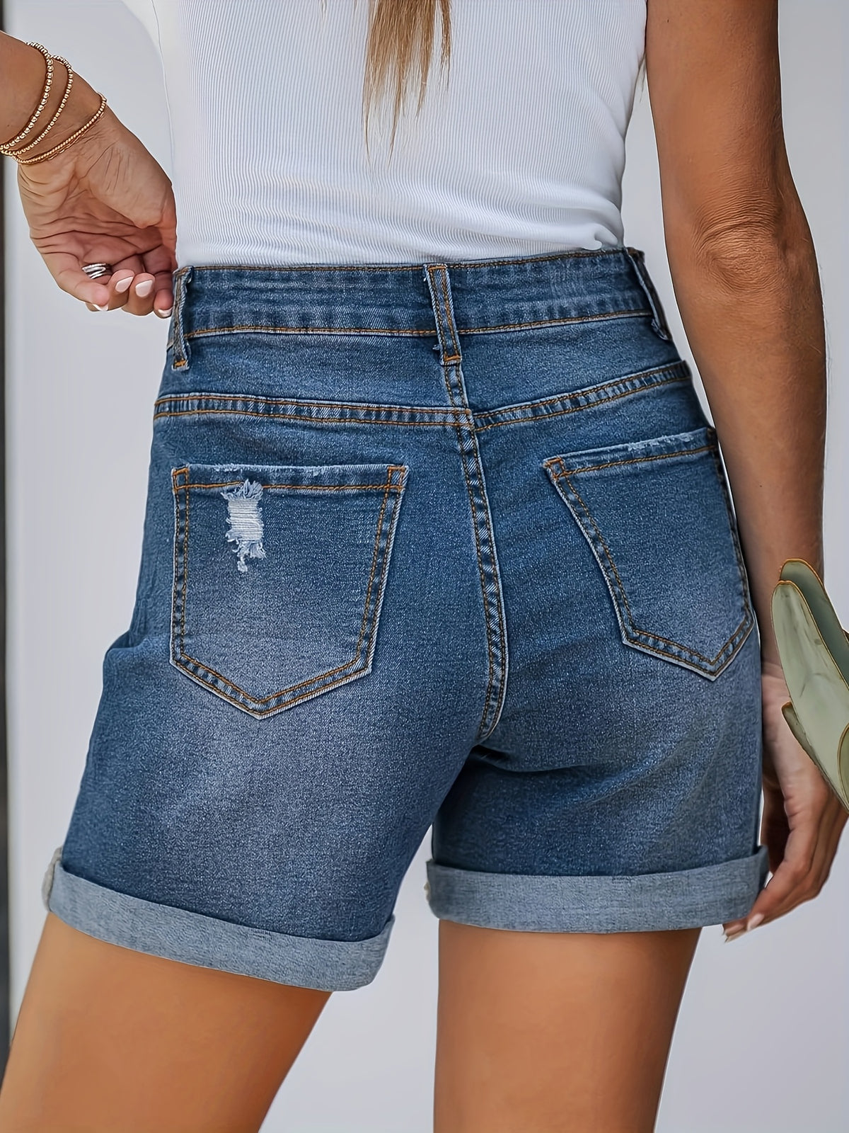 2026 New Streetwear High-Waisted Stretch Denim Shorts - Relaxed Fit Elastic Waistband Shorts with Frayed & Rolled Hem Details