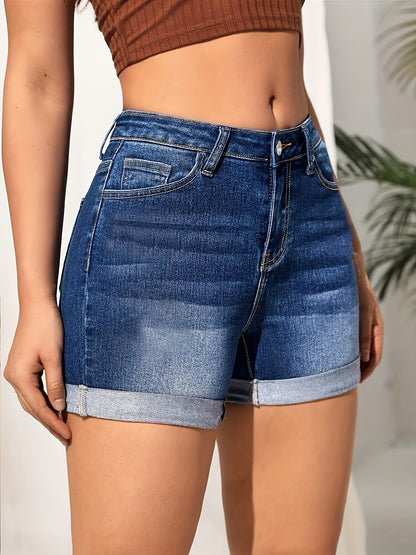 2026 New High-Waisted Gradient Denim Shorts - Light to Dark Blue Ombre Slim Fit Shorts with Whisker Detail