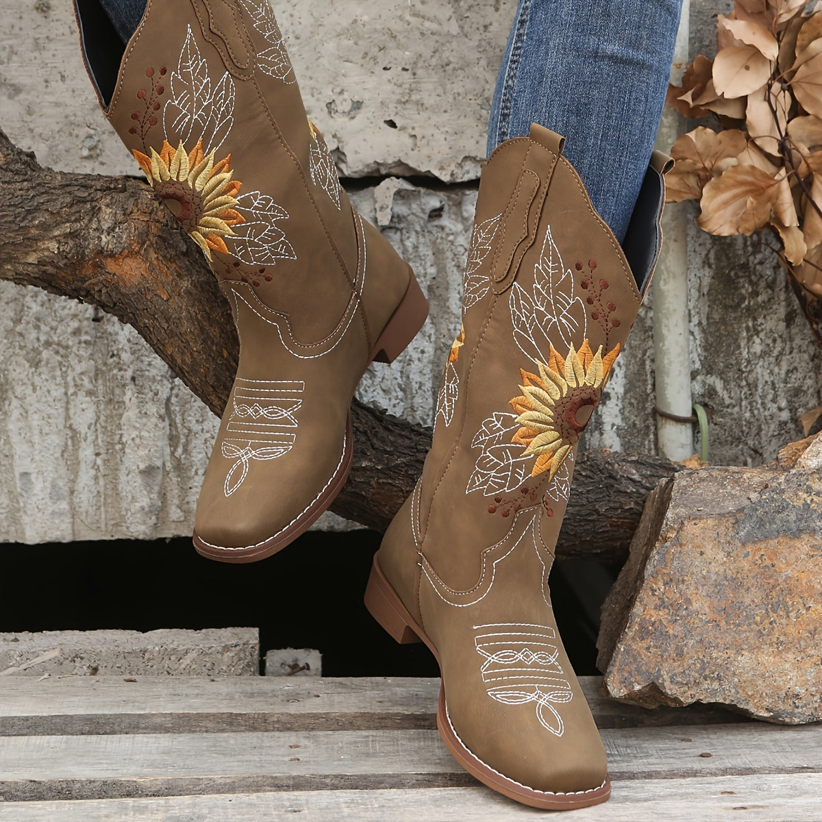 2026 New Women's Mid-Calf Embroidered Western Boots - Fashion-Forward Faux Leather Cowgirl Boots