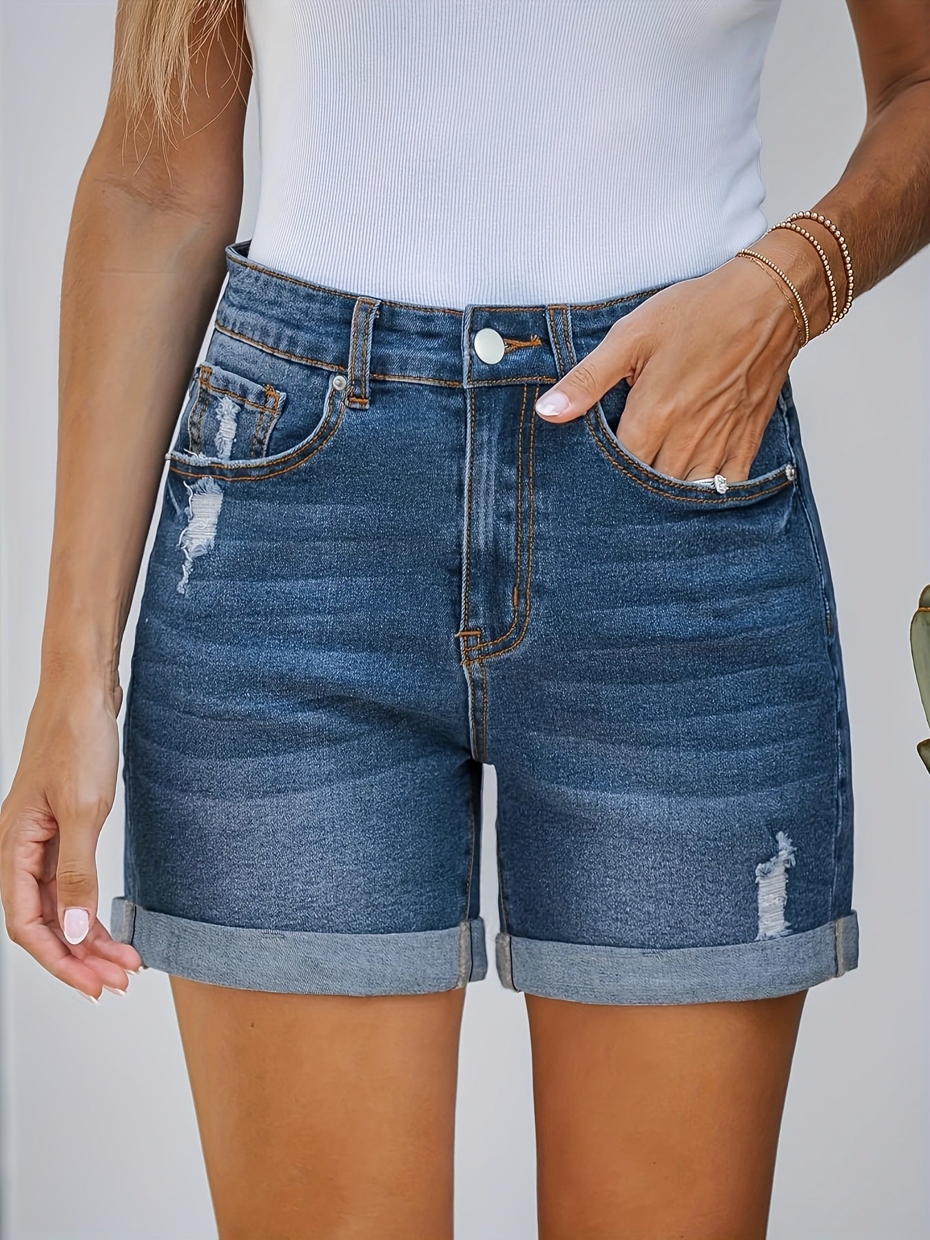 2026 New Streetwear High-Waisted Stretch Denim Shorts - Relaxed Fit Elastic Waistband Shorts with Frayed & Rolled Hem Details