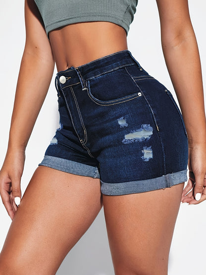 2026 New High-Stretch Distressed Denim Shorts - Roll-Up Cuffed Hem & Slash Pocket Whiskering Summer Jeans