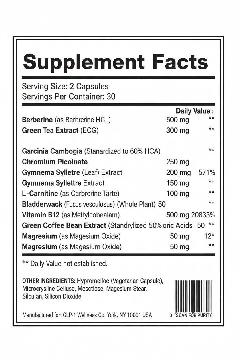 Generate me a universal Supplement Facts About our GLP-1 Product. That showcases 

Berberine:

Green Tea Extract (EGCG):

Garcinia Cambogia:

Chromium Picolinate:

Gymnema Sylvestre:

L-Carnitine:

Bladderwrack:

Vitamin B12:

Green Tea Extract:

Magnesium:
